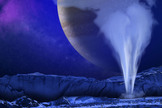 An artist's illustration of Jupiter's icy moon Europa, with a water geyser erupting in the foreground while Jupiter appears as a backdrop. Images from the Hubble Space Telescope suggest Europa may have water plumes like Saturn's moon Enceladus. Image released Dec. 12, 2013.