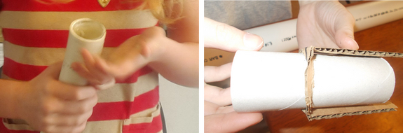 Left: Inserting the objective lens into the flexible PVC pipe. Right: The cardboard tube we used for one of the lenses was too small, so we added a piece of cardboard shaped like a watch with no face, which worked great.