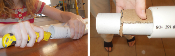 Left: Use a boxcutter to scrape the inside of the pipe and enlarge its inner diameter. Right: Insert the cardboard eyepiece into the pipe.