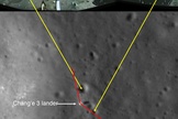 This panorama shows China's Chang'e 3 moon lander and its Yutu lunar rover shortly after it drove down the ramp to the surface. Yellow lines connect craters seen in the panorama and the LROC image (taken later after the rover had moved by the Lunar Reconnaissance Orbiter). Red lines indicate approximate field of view of the panorama. Image released on Dec. 30, 2013.