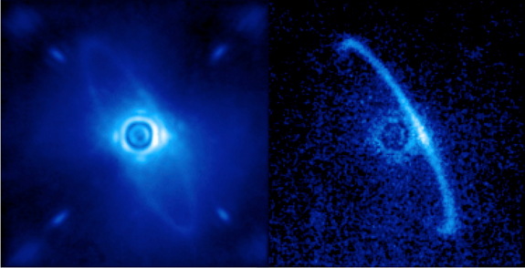 Gemini Planet Imager’s first light image of the light scattered by a disk of dust orbiting the young star HR4796A. This narrow ring is thought to be dust from asteroids or comets left behind by planet formation; some scientists have theorized that the sharp edge of the ring is defined by an unseen planet. Image released Jan. 7, 2014.