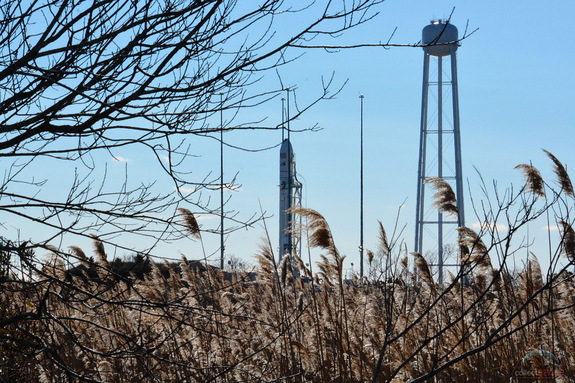 Orbital Sciences' Antares rocket stands atop the launch pad in freezing temperatures at NASA's Wallops Flight Facility on Wallops Island, Va., for a planned Jan. 8, 2014 launch to the International Space Station.