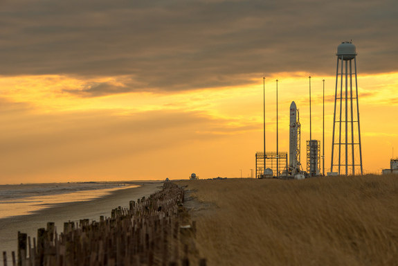 An Orbital Sciences Corp. Antares rocket is seen on launch Pad-0A at NASA's Wallops Flight Facility on Jan. 6, 2014 in advance of a planned Jan. 8 launch in Wallops Island, Va. The mission will launch Orbital's first Cygnus cargo mission to the space station.