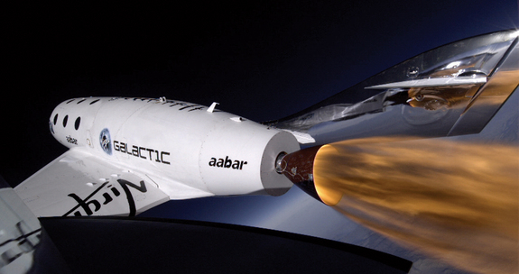 Virgin Galactic's SpaceShipTwo space plane rockets through the stratosphere at 71,000 feet, its highest flight yet, during its third powered test flight on Jan. 10, 2014. The supersonic flight occurred over California's Mojave Air and Space Port.