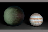 Kepler-7b (left), which is 1.5 times the radius of Jupiter (right), is the first exoplanet to have its clouds mapped. The cloud map was produced using data from NASA's Kepler and Spitzer space telescopes.