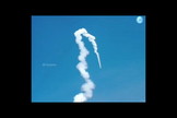 The Geosynchronous Satellite Launch Vehicle leaves a trail of exhaust in the afternoon sky over Sriharikota Island in India.