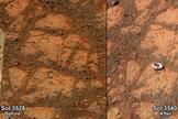 This before-and-after pair of images of the same patch of ground in front of NASA's Mars Rover Opportunity 13 days apart documents the arrival of a strange, bright rock at the scene. The rock, called "Pinnacle Island," is seen in the right image on Jan. 8, 2014. The image at left was taken on Dec. 26, 2013.