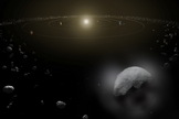An artist's impression of the dwarf planet Ceres, which appears to have a water vapor atmosphere from outgassing on the object. Inset: The water absorption signal detected by the European Space Agency's Herschel space observatory on Oct. 11, 2012. Image released Jan. 22, 2014.