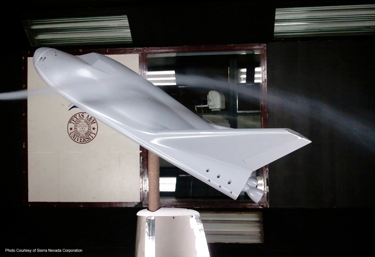 Scaled Dream Chaser Model Undergoing Wind Tunnel Testing at Texas A&M University