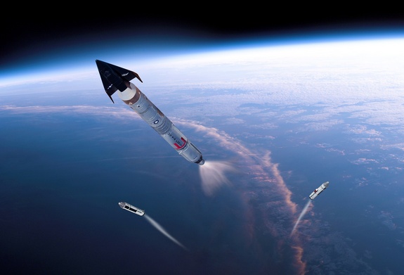 Flash back! Solid rocket boosters drop away as a USAF X-20 piloted Dyna-Soar space plane heads into orbit atop a Titan III booster. Program was canceled in 1963. Is today’s X-37B a rekindling of some X-20 mission objectives?