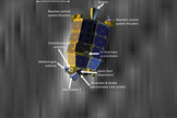 This NASA graphic shows an artist's view of NASA's LADEE moon dust probe overlaid on a photo of the actual spacecraft captured by NASA's Lunar Reconnaissance Orbiter (geometrically corrected). Image released Jan. 29, 2014.