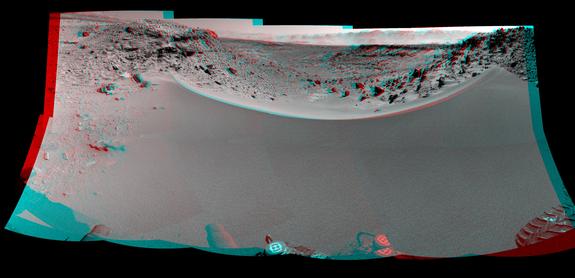 This stereo mosaic of images from the Navigation Camera on NASA's Mars rover Curiosity shows the terrain to the west from the rover's position on Jan. 30, 2014. The scene appears three dimensional when viewed through red-blue glasses with the red lens on the left.