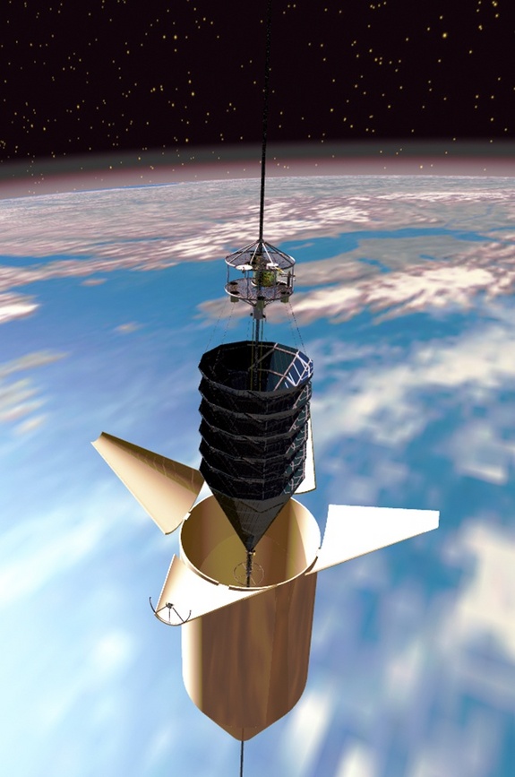 Climber ascends space elevator, heading spaceward from its aeroshell.