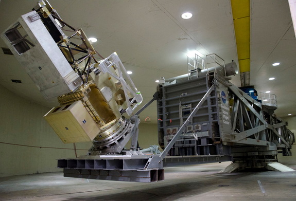 NASA technicians spun the Global Precipitation Monitor (GPM) satellite up to just over 10 RPM in Goddard Space Flight Center’s High-Capacity Centrifuge facility March 31, 2011. At that speed, the spin exerted a lateral pressure of 2.4 G’s, or 2.4 times the force of gravity on the satellite.