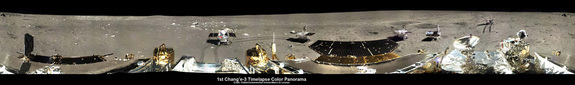 This image is a five-position 360-degree panorama of the Chang'e-3, Yutu Rover landing site created by Ken Kremer and Marco Di Lorenzo. It was stitched from individual pictures released to a state-run China news outlet. The initial panoramic was then enhanced to improve contrast, lighting and uniformity, which revealed more detail.