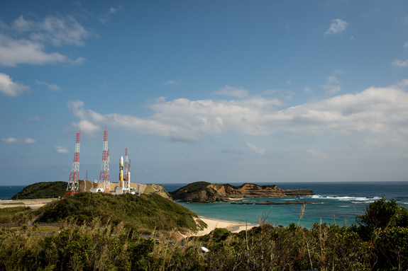 A Japanese H-2A rocket carrying the NASA-Japan Aerospace Exploration Agency (JAXA), Global Precipitation Measurement (GPM) Core Observatory is seen as it rolls out to launch pad 1 of the Tanegashima Space Center, Thursday, Feb. 27, 2014.