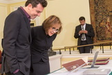 Seth MacFarlane and Ann Druyan look at items from The Seth MacFarlane Collection of the Carl Sagan and Ann Druyan Archive, which were on display today at the Library of Congress for the official opening of the archive.