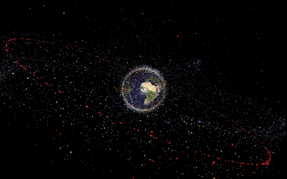 This illustration depicts the amount of space junk currently orbiting Earth. Scientists estimate the total number of space debris objects in orbit to be around 29 000 for sizes larger than 10 cm, 670 000 larger than 1 cm, and more than 170 million larger than 1 mm.