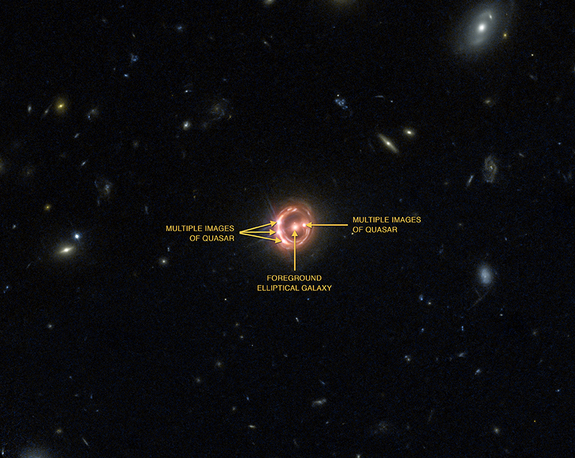 This labeled image shows the different components of the distant quasar known as RX J1131-1231 from Chandra and Hubble. The Chandra data, along with data from ESA's XMM-Newton, were used to directly measure the spin of the supermassive black hole powering this quasar.