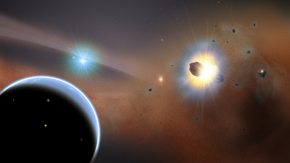 This artist's concept illustrates the preferred model for explaining ALMA observations of Beta Pictoris. At the outer fringes of the system, the gravitational influence of a hypothetical giant planet (bottom left) captures comets into a dense, massive swarm (right) where frequent collisions occur.