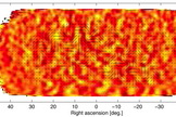 The tiny temperature fluctuations of the cosmic microwave background (shown here as color) trace primordial density fluctuations in the early universe that seeded the later growth of galaxies. These fluctuations produce a pattern of polarization in the CMB that has no twisting to it. Gravitational waves from inflation are expected to produce much a fainter pattern that includes twisting ("B-mode") polarization, consistent with the pattern observed by BICEP2, which is shown here as black lines. The line segments show the polarization strength and orientation at different spots on the sky.