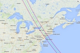 The predicted occultation path of the bright star Regulus by the asteroid 163 Erigone on March 20, 2014 is shown in this map by Geoff Hitchcox/IOTA using Google Maps. The blue lines show the outer edges of the zone where Regulus will be blacked out if the prediction is perfect. Astronomers expect the prediction to be closely on target; the actual shadow path is almost sure to fall somewhere between the slightly wider uncertainty lines (within the red lines to 68-percent probability, within the gray lines to 95-percent probability).