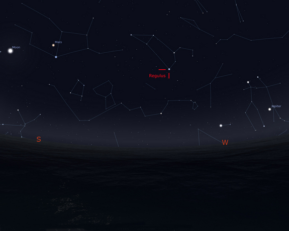 This Stellarium sky map shows the position of the star Regulus in the constellation Leo as it will appear in the southwestern sky, 90 degrees to the right of the moon, at 2 a.m. EDT on March 20, 2014. Regulus will appear roughly as high as the moon, and be the brightest star in the area.
