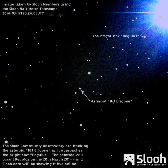 The asteroid 163 Erigone is seen near the bright star Regulus on March 17, 2014, just days ahead of a rare March 20 occultation of the star by the asteroid. This image was taken by the Slooh Half-Meter Telescope, a remotely operated telescope used by the Slooh online skywatching website.