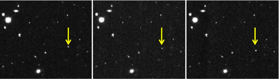 These images show the discovery of the new inner Oort cloud object 2012 VP113 taken about 2 hours apart on UT November 5, 2012. The motion of 2012 VP113 clearly stands out compared to the steady state background stars and galaxies.
