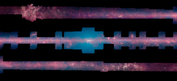 This image,a snapshot of our Milky Way galaxy, part of a massive 360-degree mosaic of the entire galaxy primarily from the GLIMPSE360 project (Galactic Legacy Infrared Mid-Plane Survey Extraordinaire). More than 2 million snapn infrared light over 10 years by the Spitzer Space Telescope, beginning in 2003 when the observatory launched.