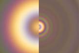 Venus (left) and Earth (right), not taking into account changes due to haze or background cloud. Glories happen when sunlight shines on cloud droplets. The difference seen between the two planets is mainly due to the tiny droplets found on Venus – just 2 thousandths of a millimetre across – compared to 10 thousandths to 40 thousandths of a millimetre on Earth.