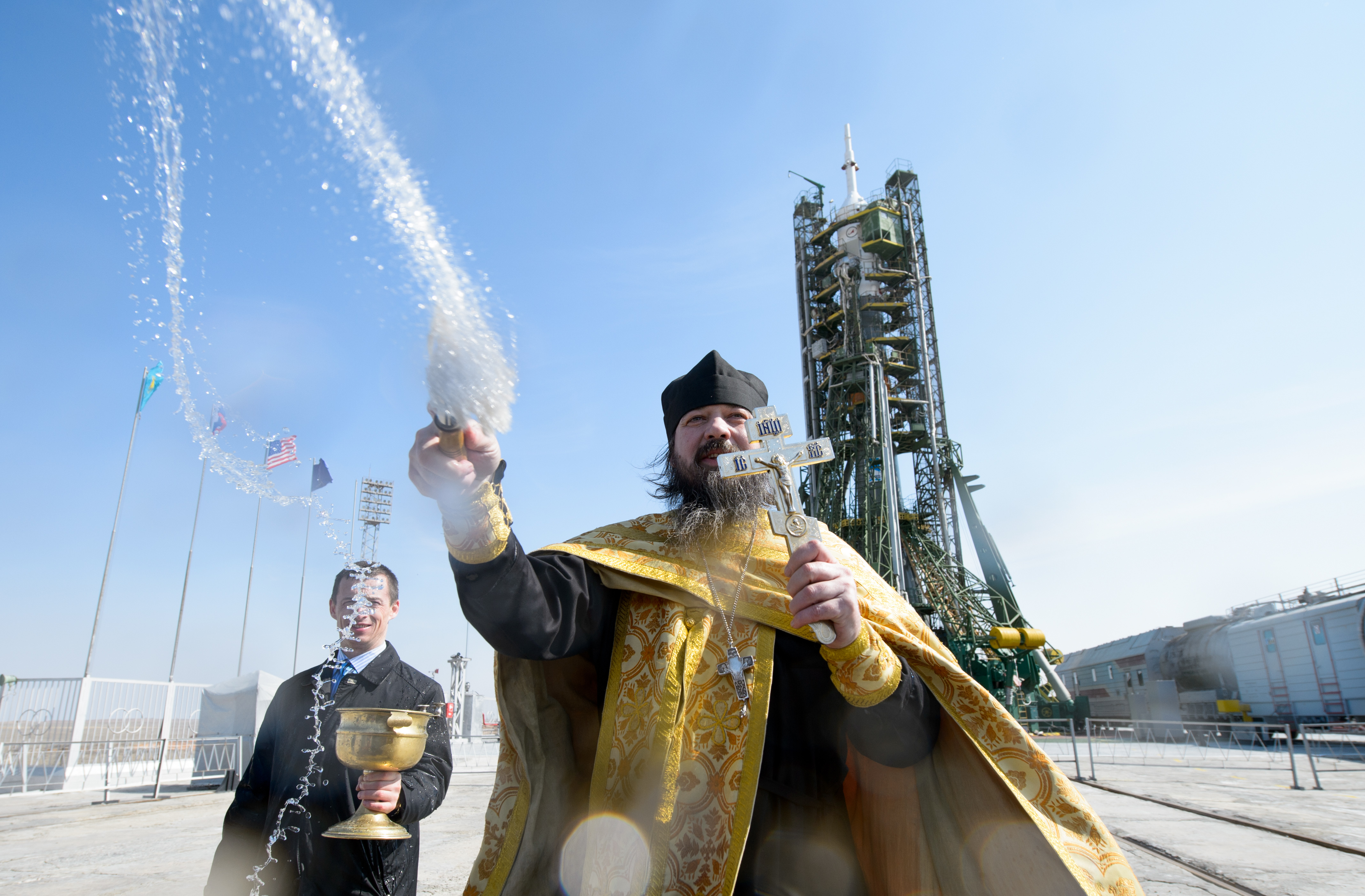 Priest Blesses Media Crew on Soyouz Launch Pad