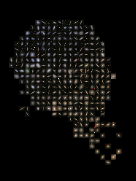 Collage of galaxies included in the Herschel Reference Survey as seen at visible wavelengths in images obtained by the Sloan Digital Sky Survey.