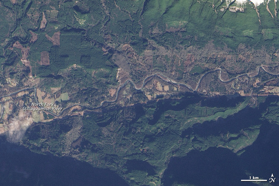This satellite image shows the area near Oso, Wash., on Jan. 18, 2014, two months before the landslide.