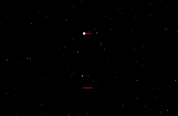 Saturday, April 12, 4 a.m. EDT. An unusual opportunity to view the brightest and the faintest planets at the same time. This will be a difficult observation because the sky is starting to get light by the time the planets rise, making it difficult to see 8th magnitude Neptune. A low eastern horizon will be necessary.