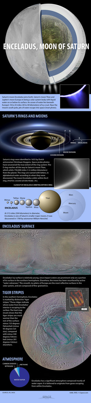 Enceladus has an extensive water ocean under its icy crust, feeding water jets that emerge from near the south pole. <a href="http://www.space.com/25350-enceladus-icy-saturn-moon-explained-infographic.html">See how Enceladus works, and how its water geysers erupt, in this Space.com infographic</a>.