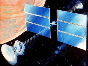 A NASA artist's conception of a vehicle that could provide an artificial-gravity environment for Mars exploration crews. The piloted vehicle rotates around the axis that contains the solar panels. Levels of artificial gravity vary according to the tether length and the rate at which the vehicle spins.