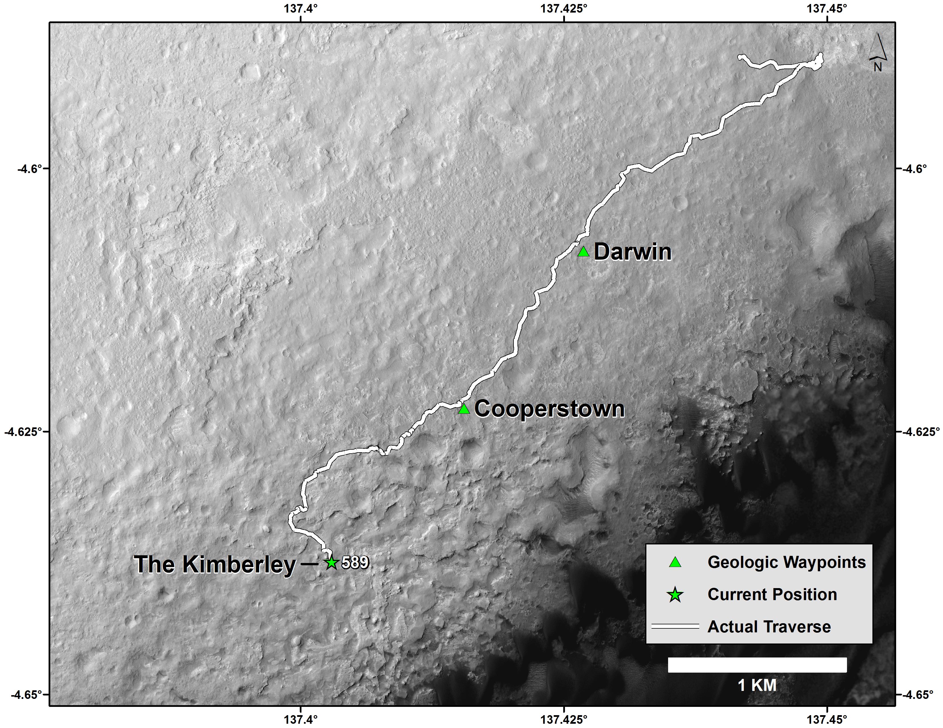 Curiosity Mars Rover's Route from Landing to 'The Kimberley' Waypoint