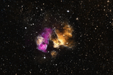 A supernova remnant in the Large Magellanic Cloud about 160,000 light years from Earth. The companion star is visible on the left-hand side of the cloud, just below the white/purple area. The purple is X-ray data from the Chandra X-Ray Observatory, and the yellow and cyan optical light captured by the Magellanic Cloud Emission Line Survey in Chile.