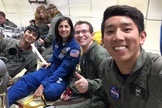From left: Student Victor Hong, NASA astronaut Nicole Stott, Andrew Beeler and Henry Lu pose for a selfie aboard a their zero-gravity flight on April 10, 2014. The University of California, San Diego students were testing how biofuels burn in weightless conditions.
