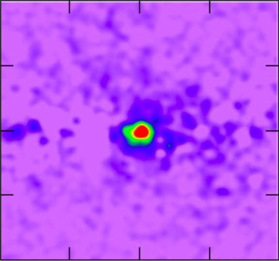 Image of excess gamma rays seen around the center of the Milky Way galaxy, detected by the Fermi Gamma-Ray Space Telescope. Physicists believe these gamma rays are generated when dark matter particles collide and annihilate — in the process releasing huge amounts of energy in the form of gamma rays, the most energetic form of light. The direct detection of these gamma rays could therefore be an indirect detection of dark matter, researchers say. The colors in the image describe the intensity of gamma rays that researchers attribute to a dark matter signal. The orange and yellow regions surrounding the Galactic Center are the brightest.