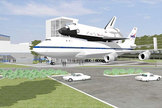 Artist rendering of "The Shuttle and 747 Carrier" public attraction to open at Space Center Houston in 2015.