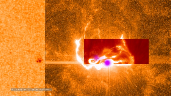 This combined image shows the March 29, 2014, X-class flare as seen through the eyes of different observatories.
