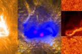 This image shows three of five different views of a monster X-class solar flare on the sun on March 29, 2014. The sun storm was the best-observed solar flare in history, according to NASA.