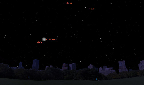 This sky map shows the location of Saturn and the moon at 9 p.m. on Tuesday, May 13, 2014, as seen from mid-northern latitudes. The locations of planet Mars and Ceres, the largest asteroid in the asteroid belt, are also shown.