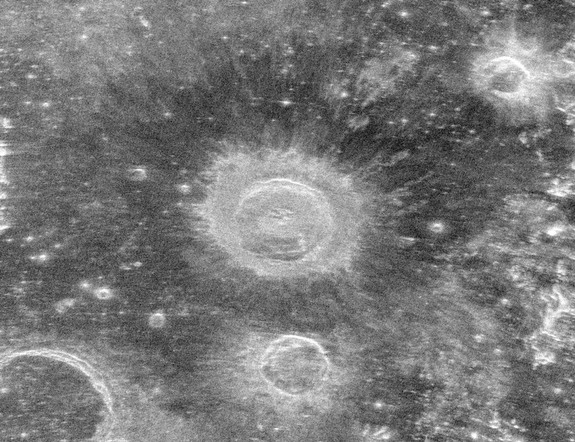 This image is an observation of the lunar impact crater known as Aristillus. The radar echoes reveal geologic features of the large debris field created by the force of the impact. The dark “halo” surrounding the crater is due to pulverized debris beyond the rugged, radar-bright rim deposits.