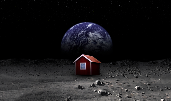 An illustration of the Moonhouse stands on the moon with Earth looming in the background. Image released May 28, 2014.