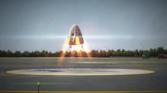 The manned version of SpaceX's Dragon capsule will land using thrusters on Earth, as shown in this artist illustration.
