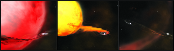 An artist's view shows three different potential methods of forming Type 1a supernovae, the 'standard candles' used to measure the expansion of the universe. The first two panels show a white dwarf in a binary system accumulating matter from its larger companion. The panel on the right shows two white dwarfs colliding, a possible third scenario.