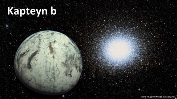 Artistic representation of the potentially habitable world Kapteyn b with the globular cluster Omega Centauri in the background. It is believed that the Omega Centauri is the remaining core of a dwarf galaxy that merged with our own galaxy billions of years ago bringing Kapteyn's star along. Image released June 3, 2014.